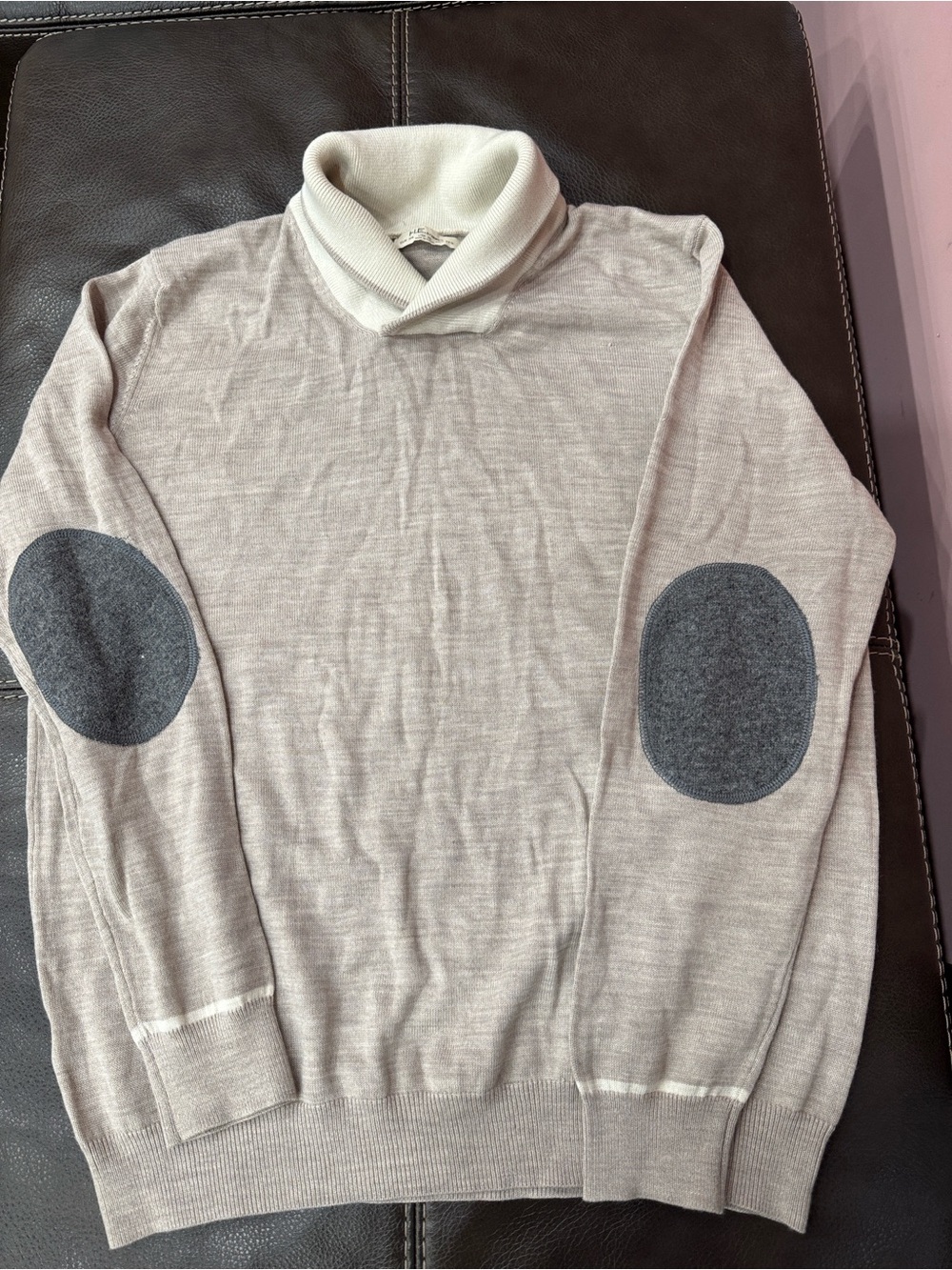 Mango Men's Cream Turtleneck Sweater with Gray Elbow Patches